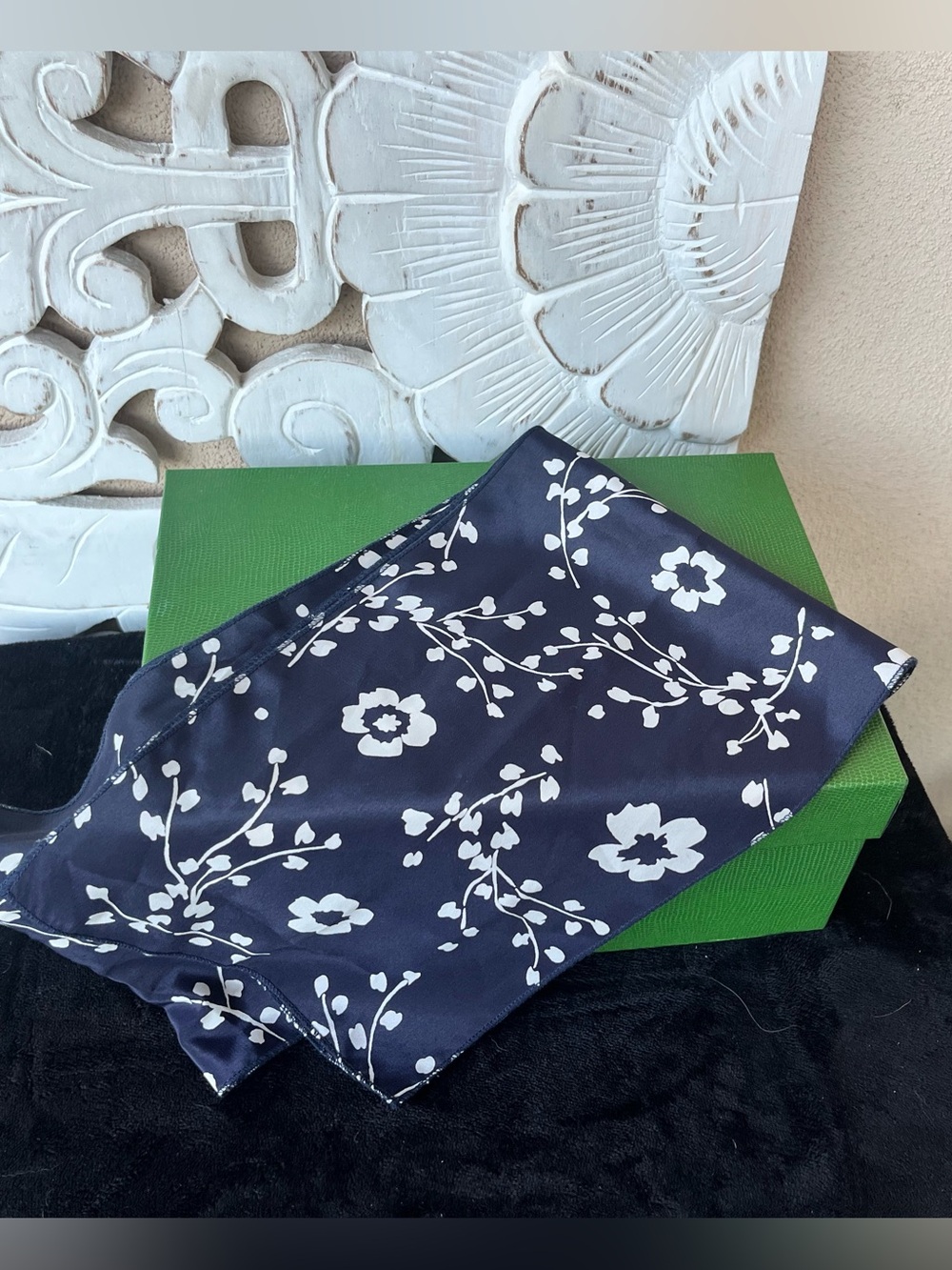 Navy Floral Satin Scarf- Unbranded